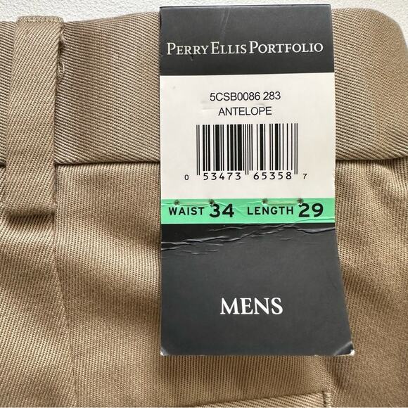 Perry Ellis Portfolio Pants Mens Cotton Khaki Flat Front No Iron Pant Size 34X29 - Picture 2 of 11